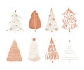 Beautiful Christmas set with cute hand drawn winter fir trees. Stock illustration. Spruce forest. Celebration clip art.