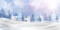 Beautiful christmas, snowy woodland landscape with snow covered firs, coniferous forest, falling snow, snowflakes for