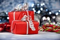 Christmas red gift box and lights stock images Royalty Free Stock Photo