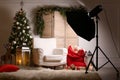 Beautiful Christmas themed photo zone. Cozy living room interior imitation Royalty Free Stock Photo