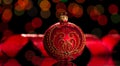 Beautiful Christmas toy is decorated with a gold pattern and rhinestones, on shimmering dark red