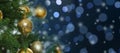 Beautiful Christmas tree with bright baubles against blurred lights on dark blue background, closeup. Banner design with space for Royalty Free Stock Photo