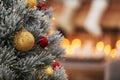 Beautiful Christmas tree decorated with balls against blurred festive lights. Space for text Royalty Free Stock Photo