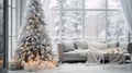 Beautiful Christmas tree in a decorated bright living room. Festive New Year\'s interior