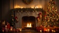 Beautiful christmas tree with decoration in cozy room interior with fireplace, candles and gift boxes