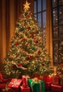 A beautiful Christmas tree, extremely tall, colorful and full of lights, is full of gifts at the foot of it.