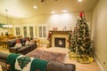 Beautiful Christmas tree and fireplace with cat relaxing on couch Royalty Free Stock Photo