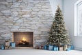 Beautiful Christmas tree with gifts near stone fireplace. Modern empty living room. Wall scene mockup. Winter background Royalty Free Stock Photo