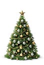 Beautiful Christmas tree with golden and silber ornaments on white background