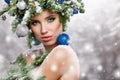 Beautiful Christmas Tree Holiday Hairstyle and Make Royalty Free Stock Photo