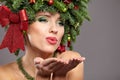 Beautiful Christmas Tree Holiday Hairstyle and Make Royalty Free Stock Photo