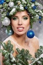 Beautiful Christmas Tree Holiday Hairstyle and Make Royalty Free Stock Photo