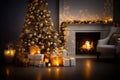 Beautiful Christmas tree illuminated with sparkling decorations, with gift boxes and candles at its feet and a lit fireplace Royalty Free Stock Photo