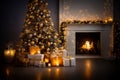 Beautiful Christmas tree illuminated with sparkling decorations, with gift boxes and candles at its feet and a lit fireplace Royalty Free Stock Photo