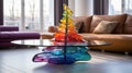 Beautiful Christmas tree made of colored glass, stylish decoration for a coffee table. White blurred living room