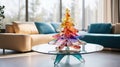 Beautiful Christmas tree made of colored glass, stylish decoration for a coffee table. White blurred living room