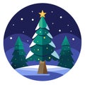 Beautiful christmas tree at night in the winter forest with stars and copy space Royalty Free Stock Photo