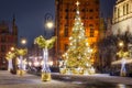 Beautiful Christmas tree in the old town of Gdansk at wintery night. Poland Royalty Free Stock Photo