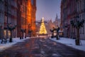 Beautiful Christmas tree in the old town of Gdansk at wintery night. Poland Royalty Free Stock Photo