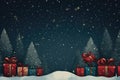 AI generated. Beautiful Christmas trees in a snowy winter landscape with red and blue gift boxes on the snow