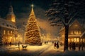 Beautiful Christmas village with people, warm yellow lights and a big Christmas tree