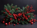 Green Branches and Red Christmas Balls Background Digital Template Red Design - ai generated