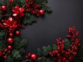 Green Branches and Red Christmas Balls Background Digital Template Red Design - ai generated