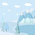 Beautiful Christmas winter frozen lake landscape background with mountains, snow, trees, spruces Royalty Free Stock Photo