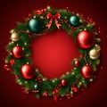 Beautiful Christmas wreath of fresh spruce on a red background. Christmas mood