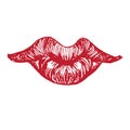 Beautiful, chubby lips shape emotional cheerful, playful, sexy, woodcut style design, hand drawn doodle, sketch in pop art style