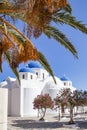 Beautiful church with multiple blue domes in Perissa, Santorini, Greece