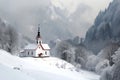 A beautiful church stands prominently amidst a snowy mountain landscape, A small country church tucked away in a snow-filled Royalty Free Stock Photo