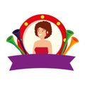 beautiful circus woman with trumpets in emblem