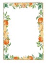 Beautiful citrus golden frame with fruits, leaves and flowers of tangerines.