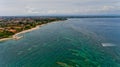 Beautiful city beach of Sanur. Aerial view, Bali, Indonesia. Royalty Free Stock Photo
