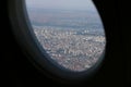 Beautiful city of Belgrade view with blue sky from plane window