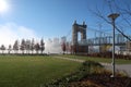 A beautiful city bridge sit in the mornings heavy fog Royalty Free Stock Photo