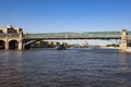 Beautiful city landscape, view of the Moscow River and the Pushkin Andreevsky pedestrian Bridge on a sunny summer evening - Royalty Free Stock Photo