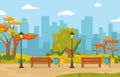 Beautiful City Park in Fall Autumn with Building Skyline Illustration