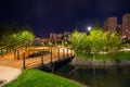 Beautiful city park on the outskirts of the city. View at night, with backlight, long exposure. Royalty Free Stock Photo