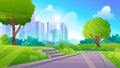 Beautiful City park with street, green lawn, trees and skyscraper buildings cartoon illustration