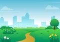 Beautiful city park vector illustration with flowers, green grass, tree and blue sky Royalty Free Stock Photo