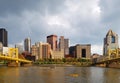 Beautiful city Pittsburgh skyline and bridge on sunset PA USA