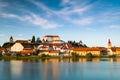 Beautiful City Ptuj in Slovenia at River Bank with Castle on Hilltop Royalty Free Stock Photo