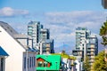 Beautiful city of Reykjavik in Iceland Hallgrimskirkja church, European street, rainbow road, canal