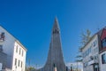 Beautiful city of Reykjavik in Iceland Hallgrimskirkja church, European street, rainbow road, canal Royalty Free Stock Photo