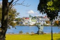 Beautiful city of Reykjavik in Iceland Hallgrimskirkja church, European street, rainbow road, canal Royalty Free Stock Photo