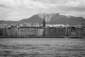 Beautiful city of san sebastian, with cathedral and mountain trois couronnes, in black and white, basque country, spain