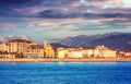 Beautiful city and sea landscape. Ajaccio is the capital of Corsica at sunset, the mountains and the sea, a popular destination f Royalty Free Stock Photo