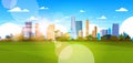 Beautiful City Skyline With Sunlight Over Skyscrapers Buildings Cityscape Concept Horizontal Banner